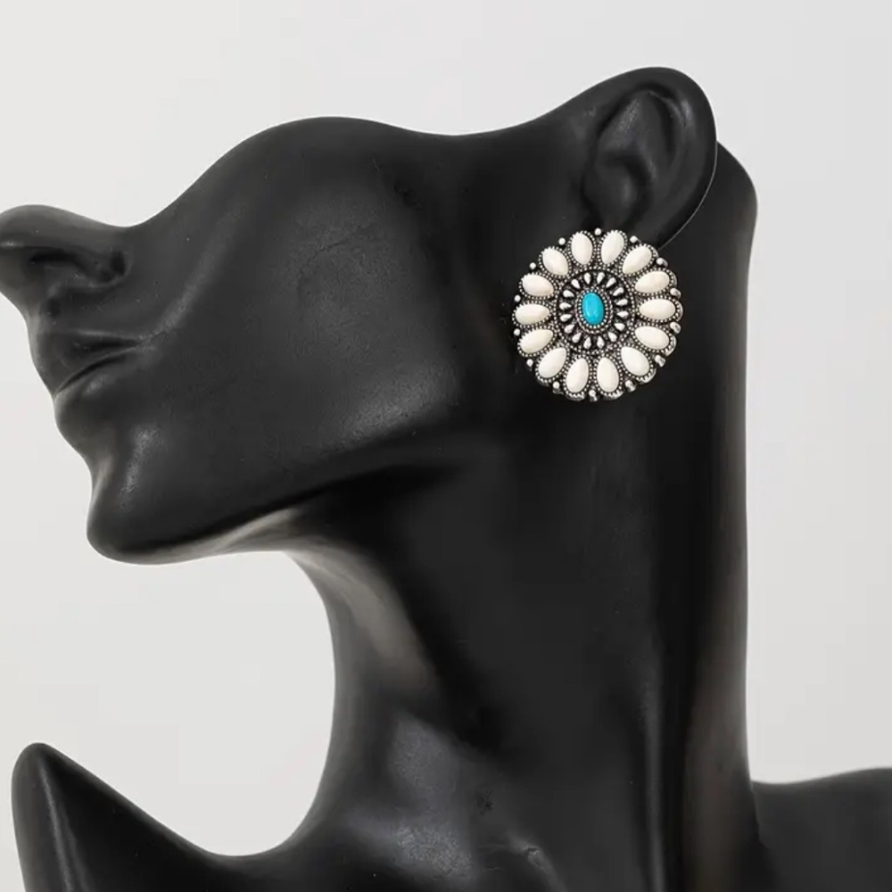 Anthropologie Silver and Natural Turquoise Stone Floral Boho Western Earrings